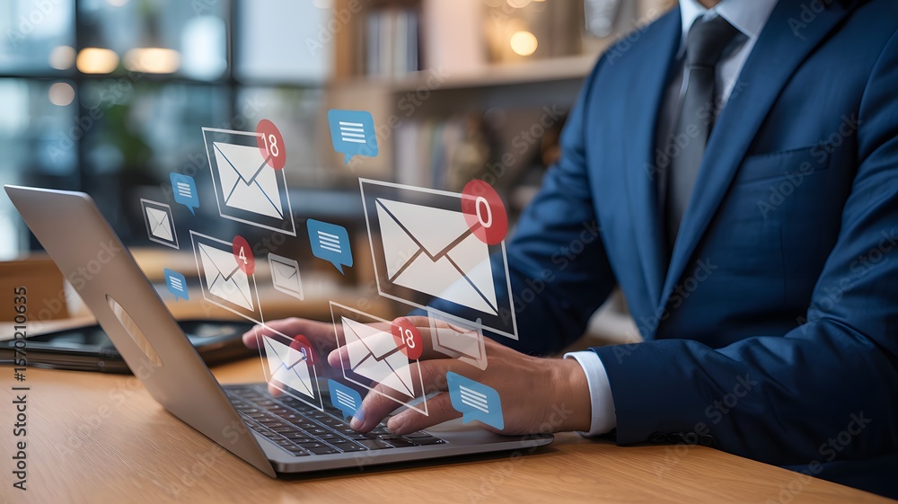 Poster businessman using laptop to check email digital communication online messaging corporate networking 