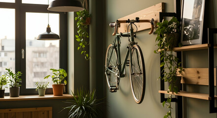Modern Apartment Interior Featuring A Bicycle On The Wall And Indoor Plants
