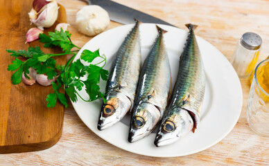 Raw salted mackerel fish served to table
