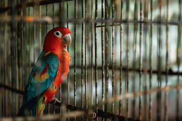 Caged Bird confined in narrow rusty bars with colorful feathers and sorrowful expression under harsh daylight
