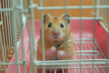 Hamster in Cage confined within colorful plastic enclosure, clinging to bars with curiosity and invisible longing for escape