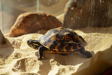 Turtle in Aquarium crawling slowly on dry sand, confined in glass enclosure under warm sunlight with no escape