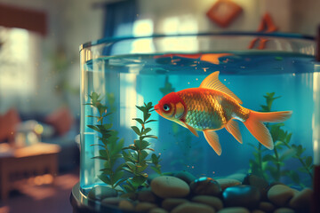 Fish in a Fishbowl glowing alone in vibrant domestic setting, confined to small space under artificial warm light
