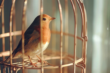 Caged Bird illuminated by gentle morning light inside delicate golden bars in a quiet, emotional domestic moment