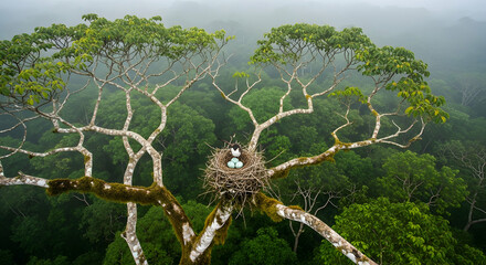Harpy Eagle Nest Amidst Amazon Rainforest Canopy At Misty Dawn