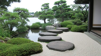 Stones and plants create a tranquil garden scene.