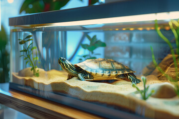 Turtle in Aquarium resting still beneath bright lights and surrounded by leaves, quietly contained in artificial setting