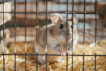 Hamster in Cage standing behind steel bars in daylight, watching through gaps with quiet patience and soft expression