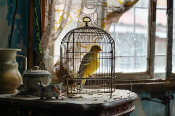 Caged Bird locked in ornate metal cage surrounded by dust and old objects in a nostalgic domestic setting