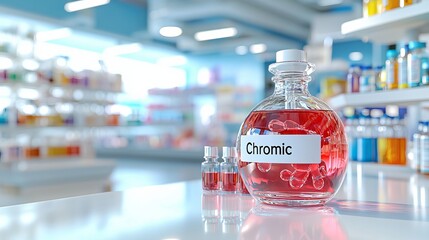 A clear glass jar labeled 'Chromic' featuring vibrant red capsules, surrounded by pharmaceutical bottles in a bright pharmacy.