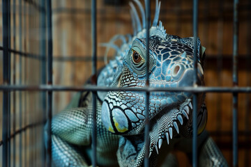 Caged Iguana staring outward behind cold steel bars, face pressed near metal as it sits trapped in artificial space
