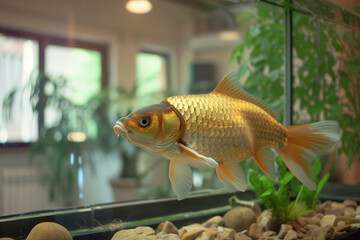Fish in a Fishbowl pacing behind aquarium glass with golden scales, alone in unnatural environment and leafy decor