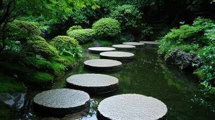 Stone stepping stones across a tranquil water garden.