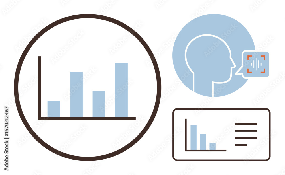 Poster bar chart in circle emphasizes data trends, face silhouette with voice analytics, and data dashboard