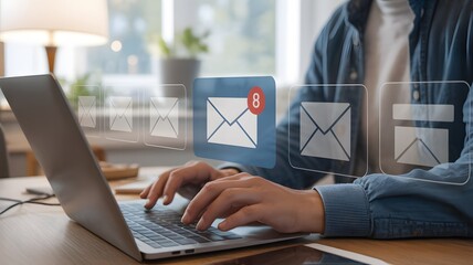 Person Using Laptop To Check New Email Notification Message With Digital Inbox Interface In Modern Office Communication Concept

