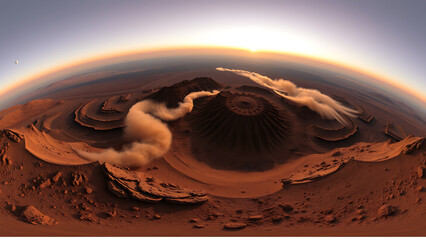360° image of the surface of Mars
An interactive 360-degree panorama from the summit of Mount Olympus Mons. Dust swirls below, and Earth is visible as a small blue dot in the twilight sky. 