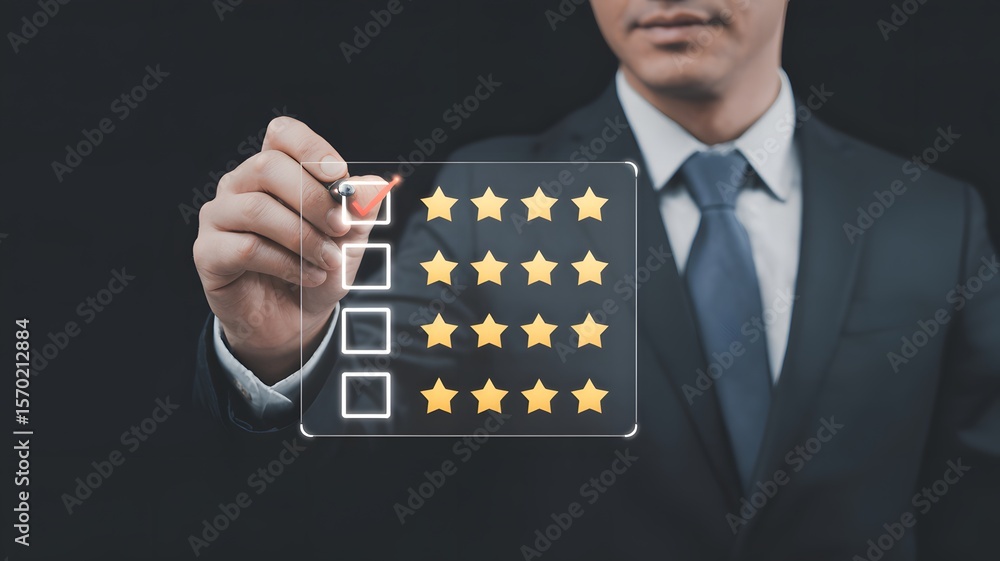 Poster businessman selecting star rating on transparent interface representing customer feedback review eva