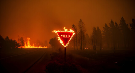 Inferno Yielding: Wildfire Consumes a Road Sign During Devastating Blaze