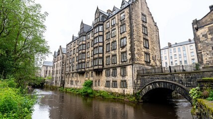 Stone Buildings and Arch Bridge Over a River in a Town