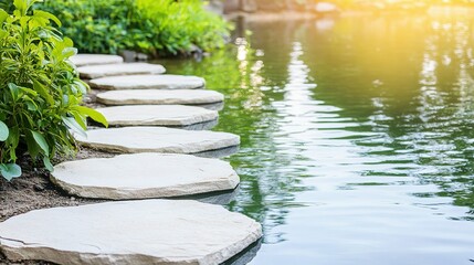 Pathway of smooth stones leading across a tranquil pond.