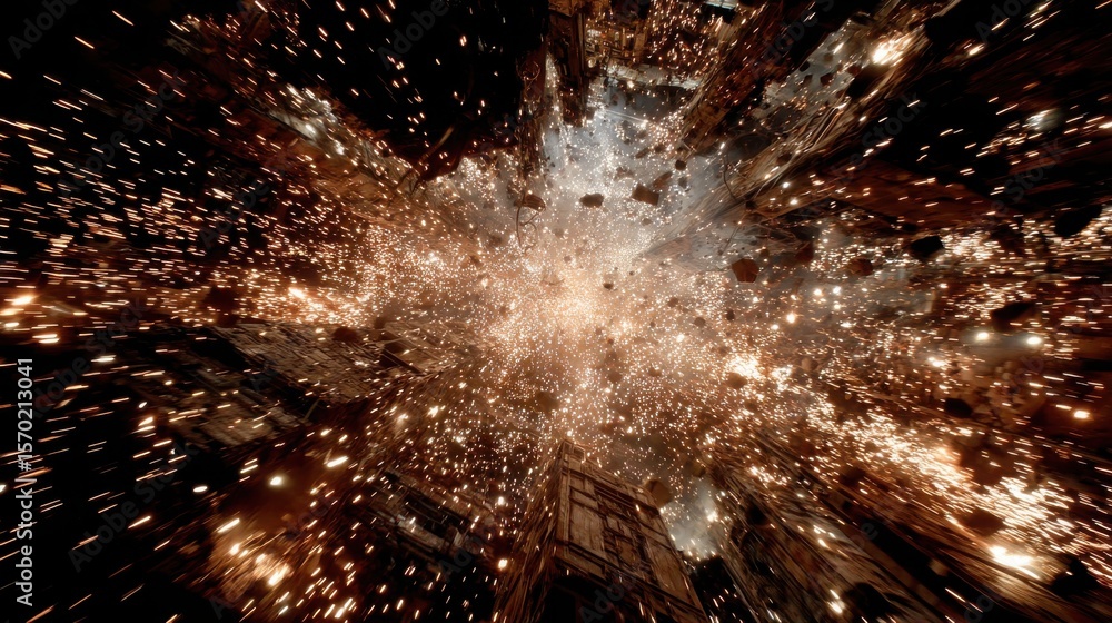 Poster dramatic explosion scene with sparks and debris in urban environment captured in dynamic perspective