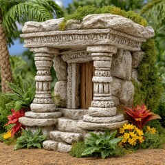 Stone Miniature Ruin with Columns and Tropical Plants