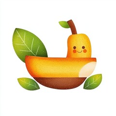 Smiling Yellow Pear Character in a Fruit Boat with Green Leaves
