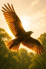 Obraz premium Majestic eagle soaring against golden sunset in vibrant sky