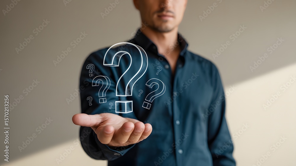 Poster businessman holding virtual question marks in hand representing confusion inquiry curiosity doubt de