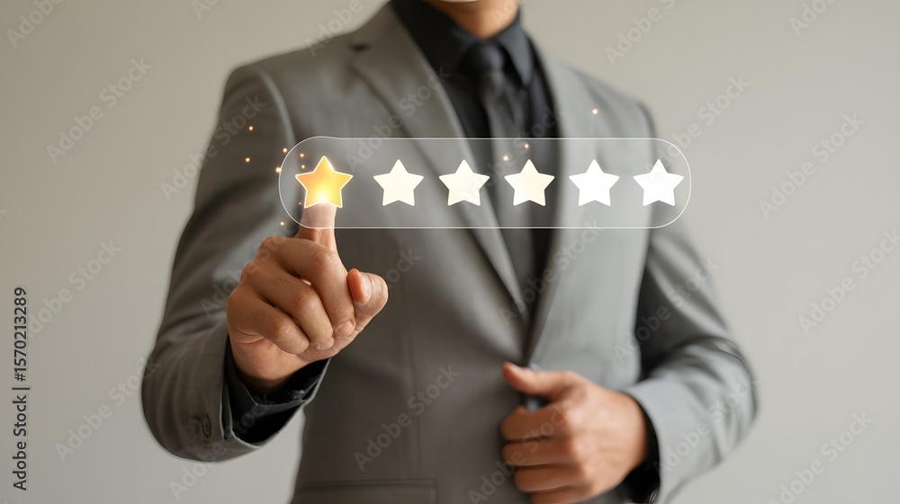 Poster businessman giving one star rating on virtual interface representing customer feedback review satisf
