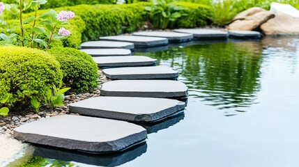 Curved stone pathway meanders through a tranquil garden pond.