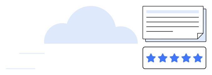 Cloud storage icon, stacked documents, and five-star rating. Ideal for cloud computing, feedback, data management, customer satisfaction, quality assurance, digital workflow simple flat metaphor