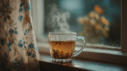 A steaming cup of herbal tea sits on a wooden windowsill. The background features a floral curtain and blurred flowers outside.