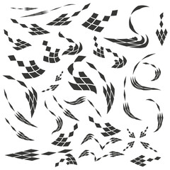 Black dynamic shapes. Tile warp pattern. Perspective grid design. Futuristic abstract movement.