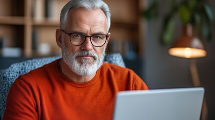 Senior man working on laptop at home in cozy living room during daytime