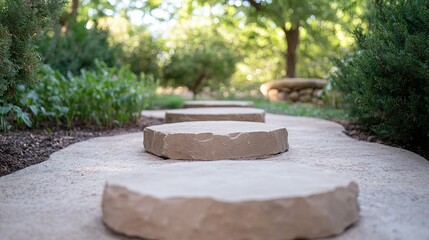 Light beige stone steps winding through a garden.
