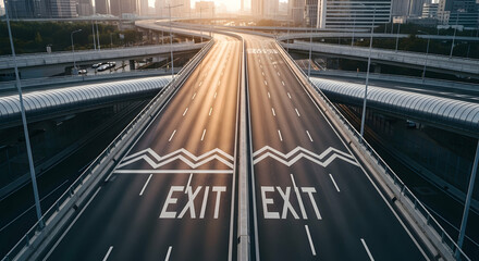 Highway Exit Sign Leading Toward Cityscape During Golden Hour Traffic Concept