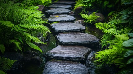 Dark gray stone pathway with lush green ferns.