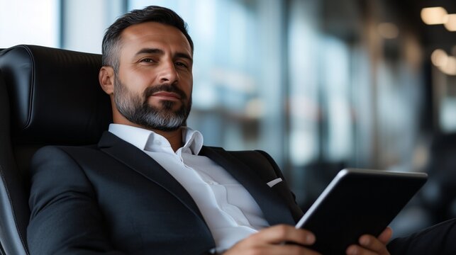 Confident businessman relaxing in an airport lounge area  while using a tablet 