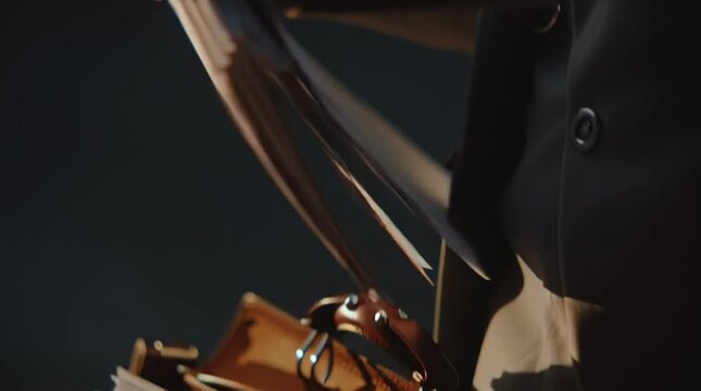 Cinematic shot of a hand opening a briefcase and pulling out a stack of documents.