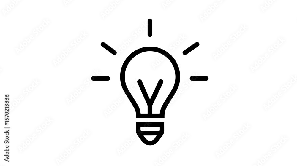 Poster outline of a light bulb icon with rays on white background