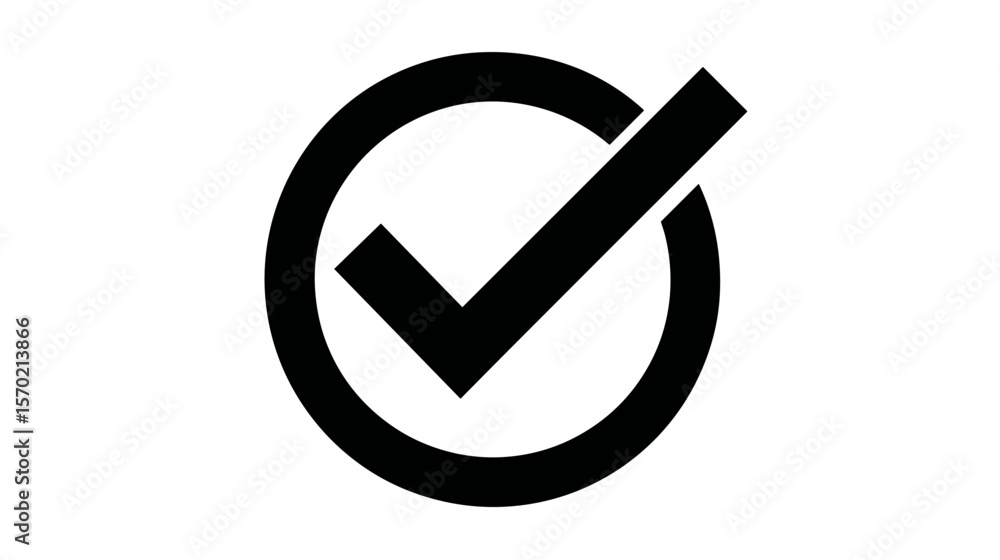 Poster black checkmark symbol inside a circular outline on white background