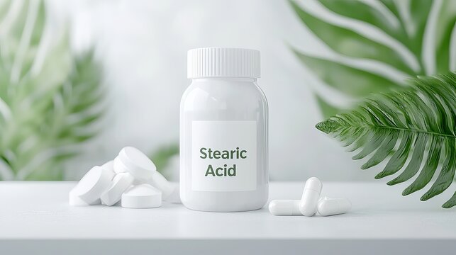 A white bottle labeled 'Stearic Acid' surrounded by tablets and capsules on a light background with green leaves.