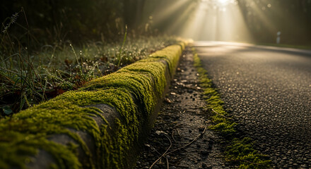 Mossy Curb Under Sunlight, Creating A Serene And Mystical Landscape