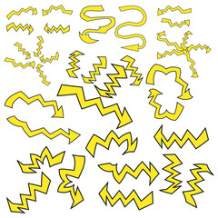 Zigzag yellow arrows. Comic cartoon shapes. Curved dynamic designs. Expressive jagged direction.