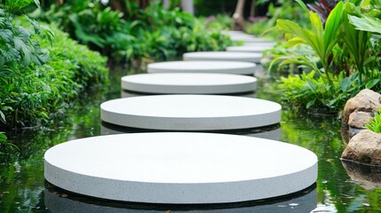 Smooth, round stones form a tranquil pathway through a serene water garden.