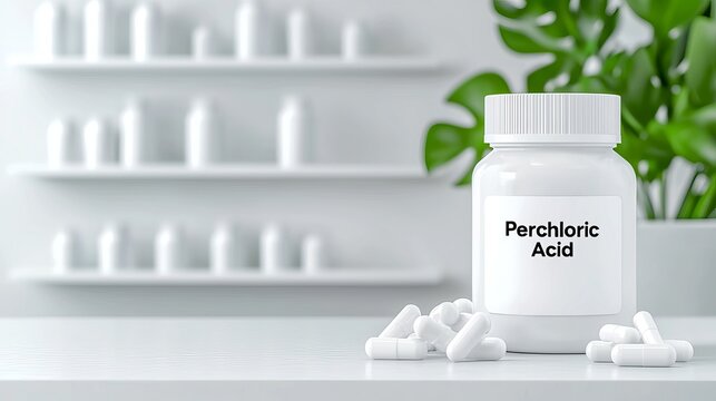A transparent bottle labeled 'Perchloric Acid' sits on a clean table with scattered capsules, highlighting a sterile environment.