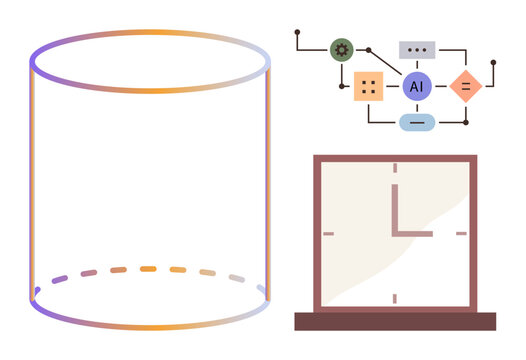 Transparent cylinder, flowchart with AI label, and stylized clock representing data analysis, time management. Ideal for AI, technology, workflow, innovation, time productivity minimal design