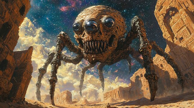 Huge Alien Space Creature with Skull-Like Face and Large Metallic Eyes, Ancient Desert Planet and Galaxy Background, Fantasy Sci-Fi Book Cover Art in David Uhl Style

