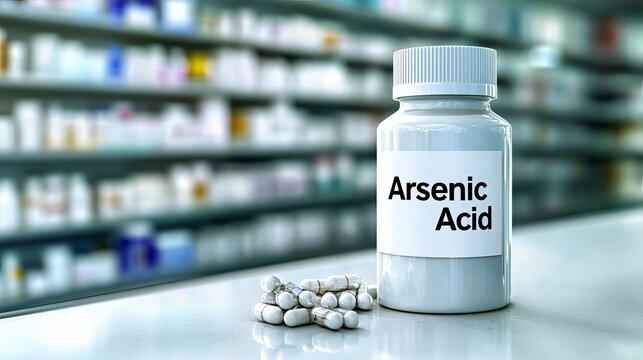 Close-up of a medicine bottle labeled 'Arsenic Acid' with pills beside it, set against a blurred pharmacy background.